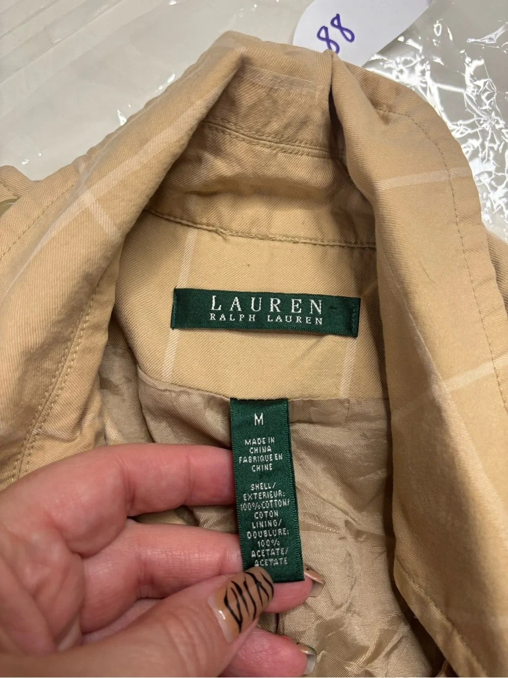 Ralph Lauren LRL Tan Windowpane Plaid Trench Coat Size Medium 100% Cotton